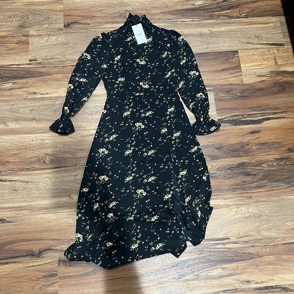 o.p.t Chic Black Floral Long Sleeve Dress Smocked Turtle Neck Long Dress - Picture 5 of 6